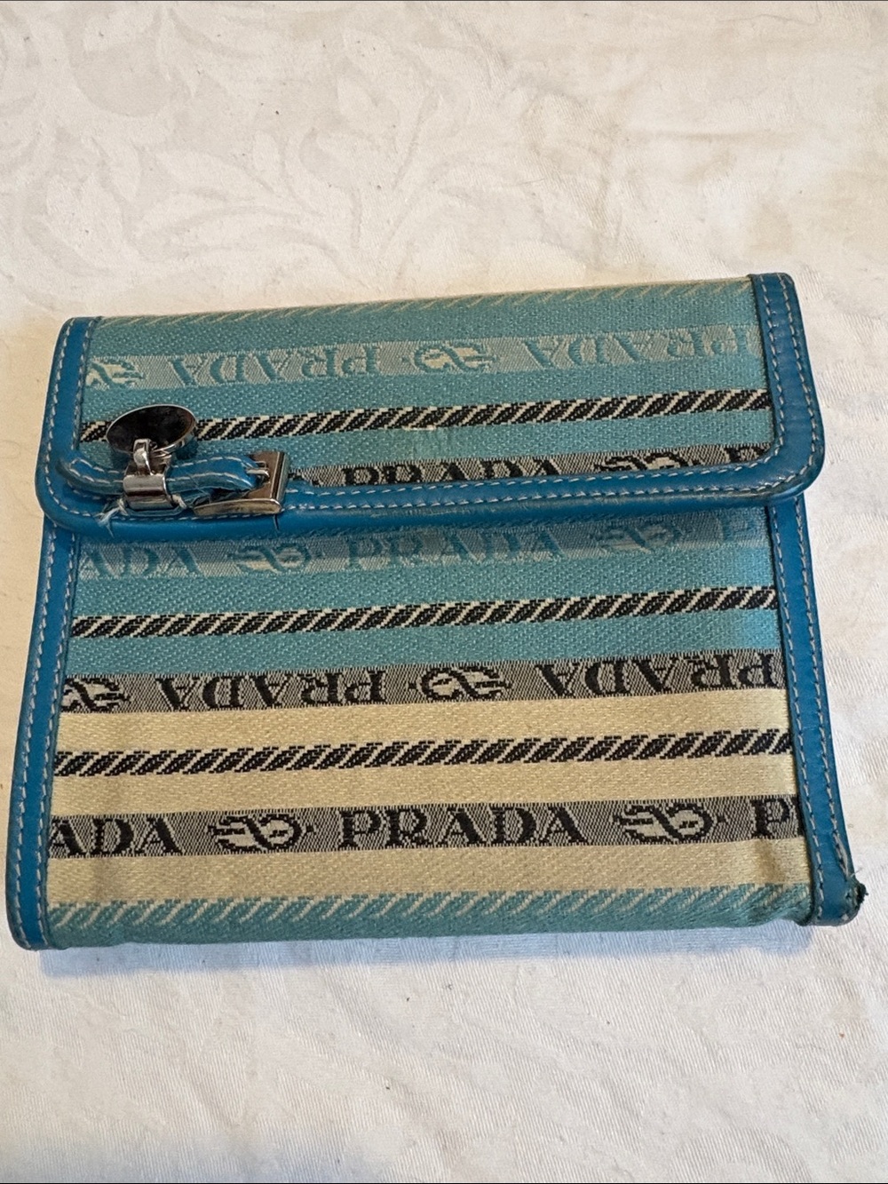 Vintage Prada Striped Teal and Cream Canvas Wallet